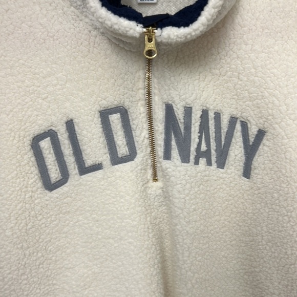 Old Navy 3/4 zip cream colored thick fleece size large Navy blue collar - Picture 3 of 8
